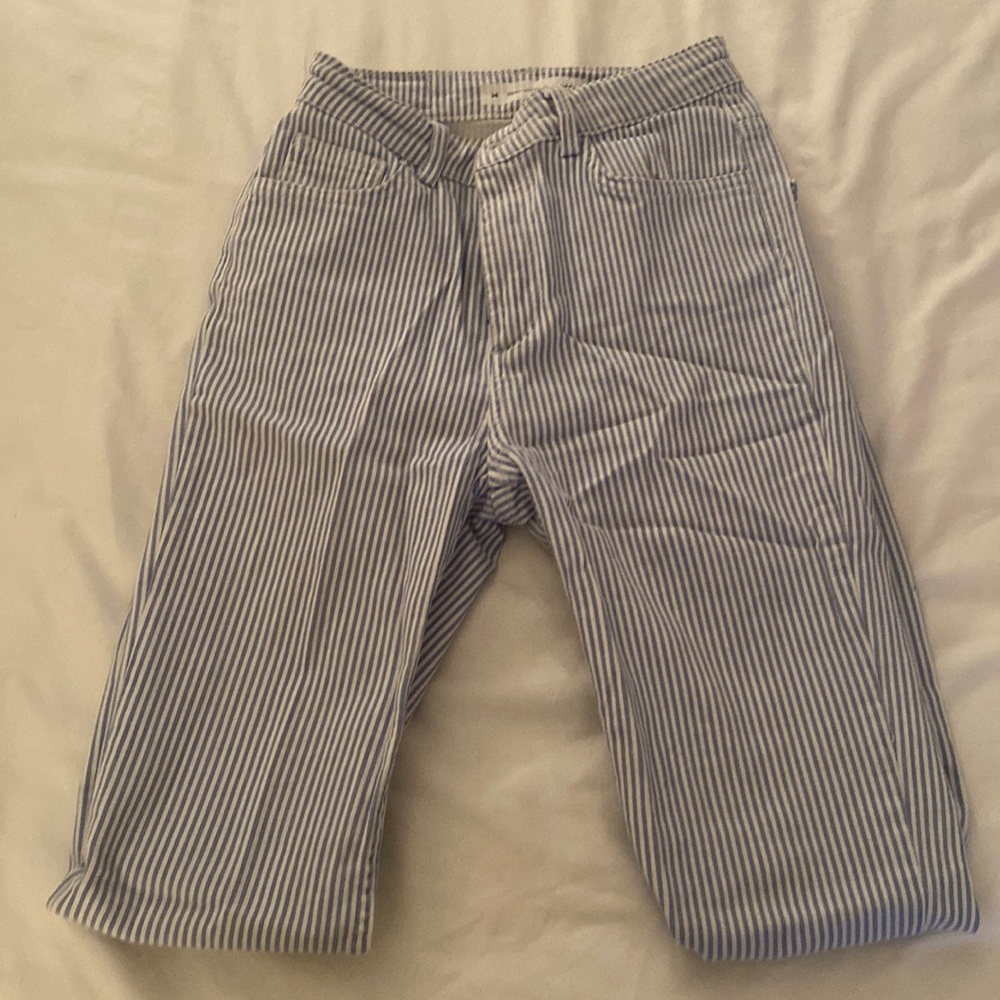 Blue and white pinstripe high waisted jeans